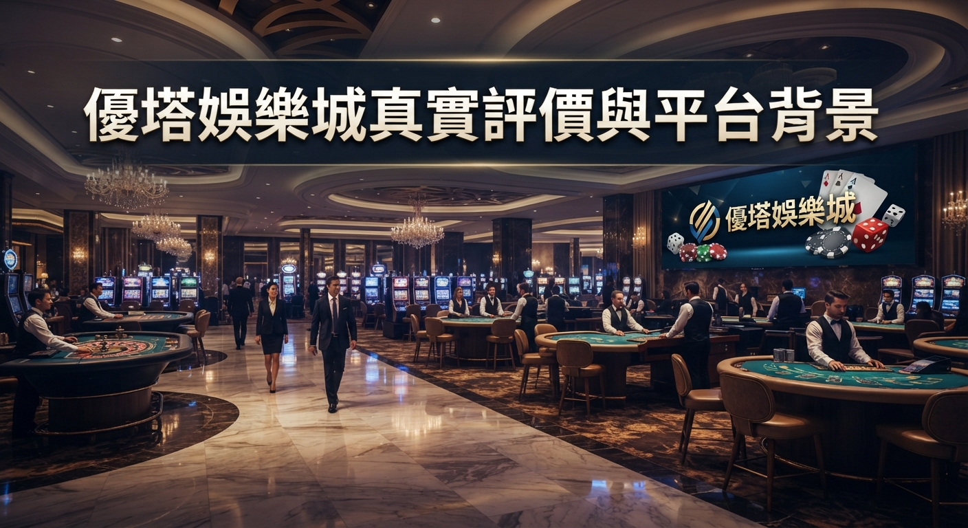 這是一張以「優塔娛樂城真實評價與平台背景」為標題的圖片。 畫面呈現豪華的娛樂城賭場內部裝潢與相關主題設計。
